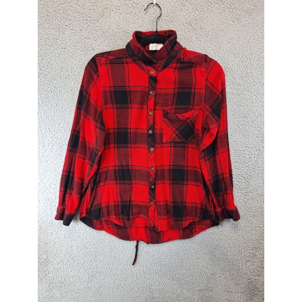 Maurices Flannel Shirt Womens XL Red Black Plaid Lace Up Back Relaxed Button Up